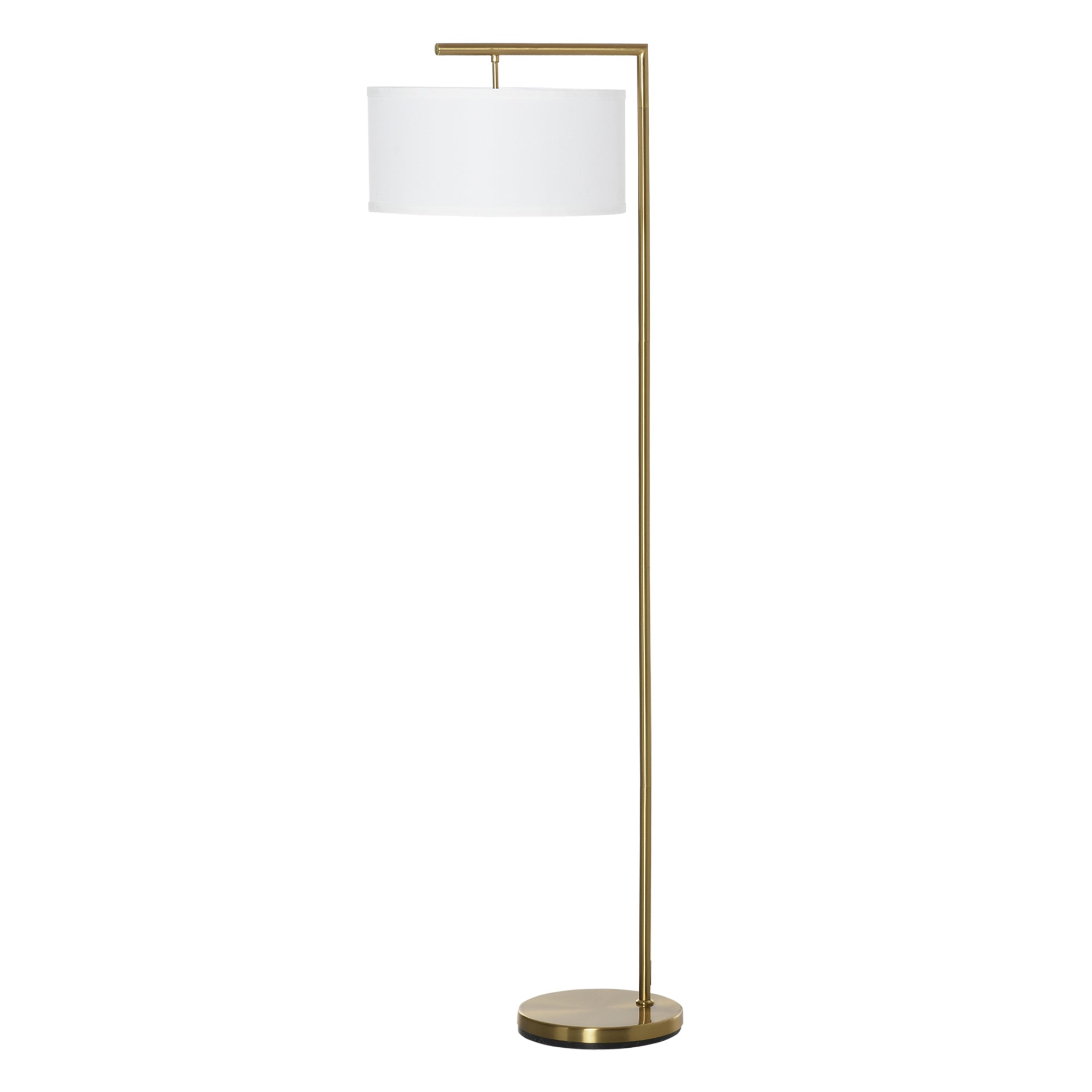 Gulvlampe  Gulvlampe  E27-fatning  Guldlook  Hvid Stofskærm  Fodkontakt  Stål  47   37   153 Cm