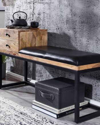 Håndlavet Entrébænk   Massivt Træ  Polstret ægte Læder  Retro-look  100x60x35 Cm  Naturfarvet Og Sort