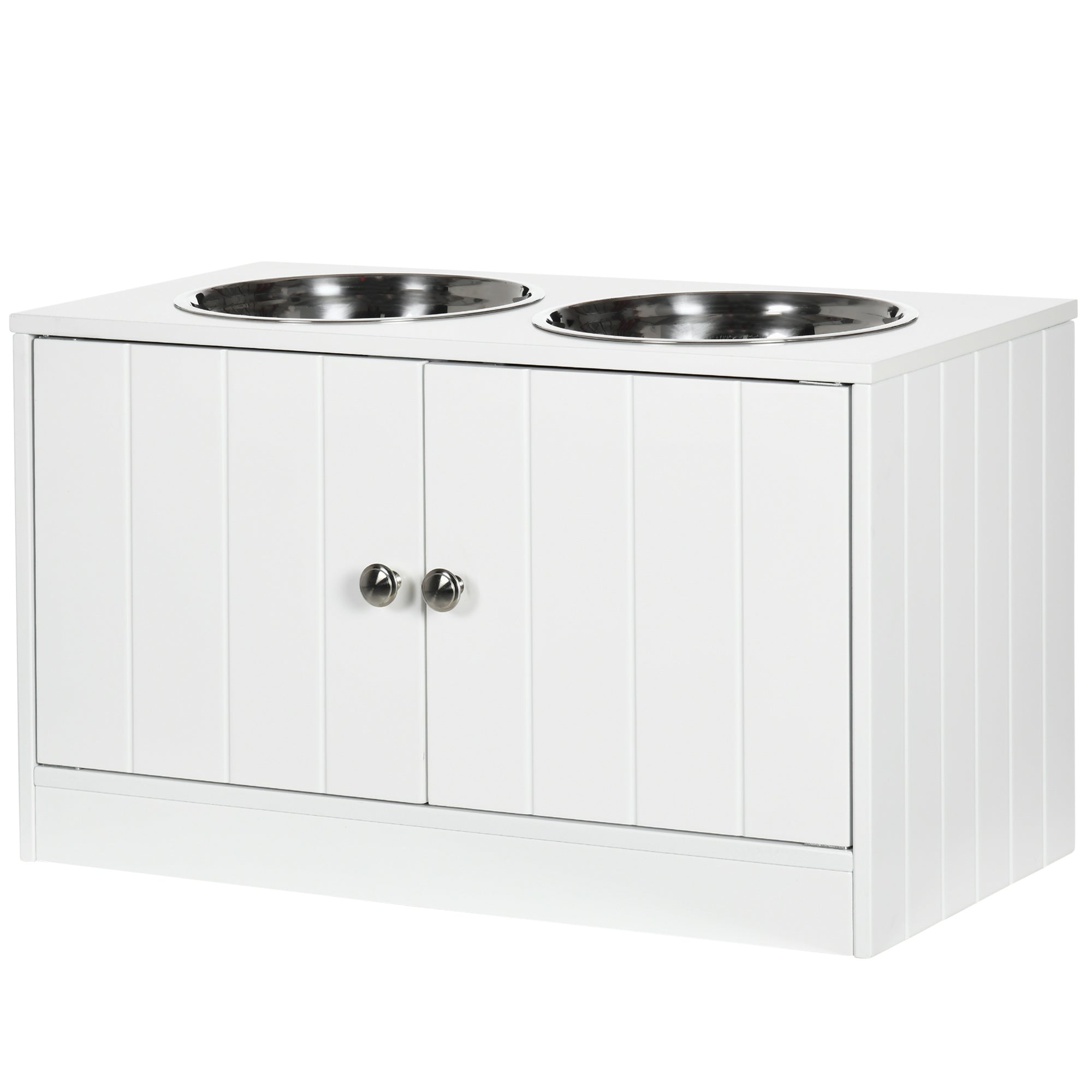 Hundefoderstation    Skåle   Rustfrit Stål  44 Liters Skab  Magnetiske Døre  Hvid  60x30x35   Cm