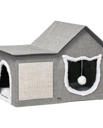 Kattehus Med Kradsetræ  Inklusive Legebold  Kattehule  65 Cm   41 Cm   45     Cm  Brun   Hvid   Beige