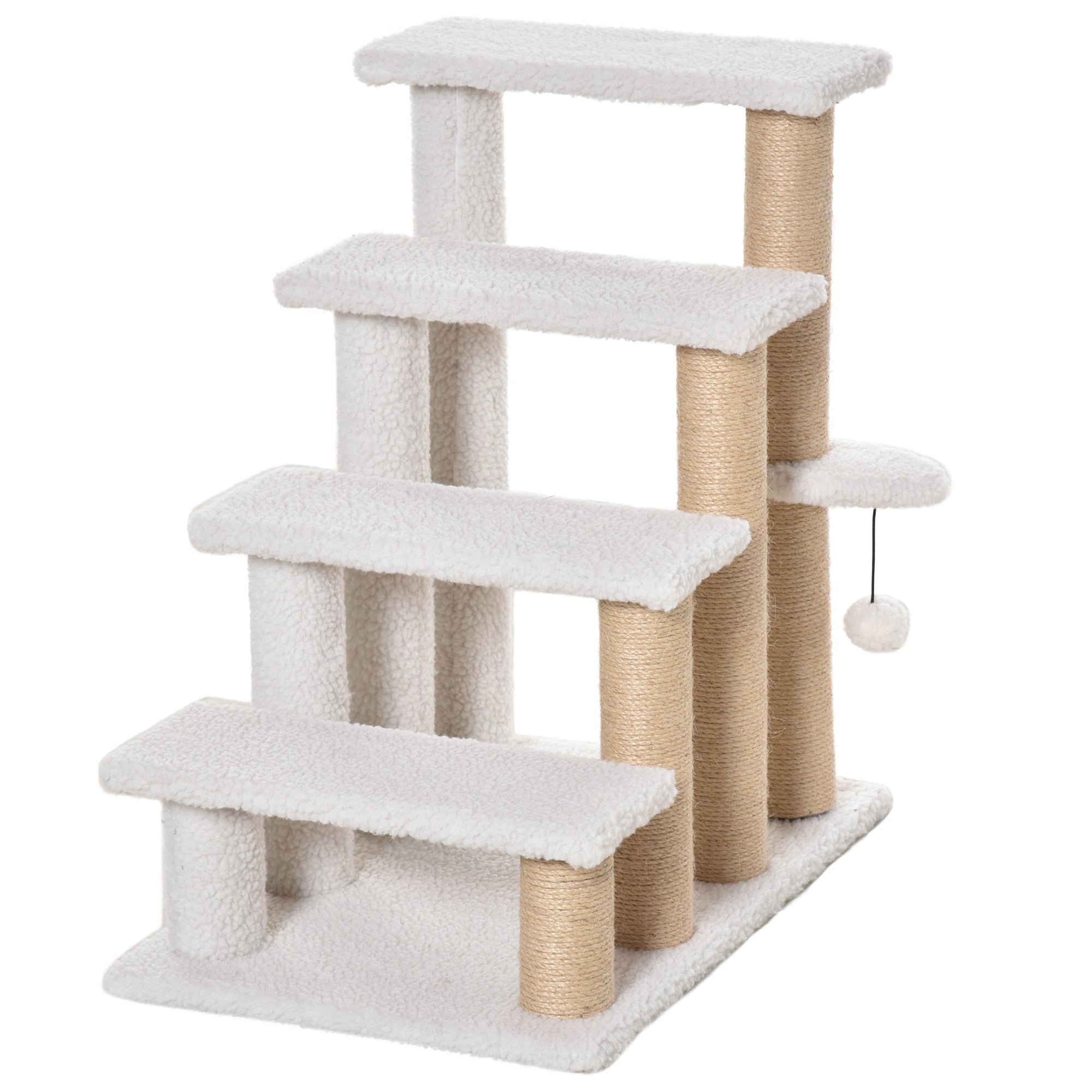 Kattetrappe  -trins Kæledyrstrappe Med Kradsetræer Bold Hundetrappe Kæledyrstrappe Til Katte Op Til   Kg Plys Jute Hvid 60   40   64 Cm