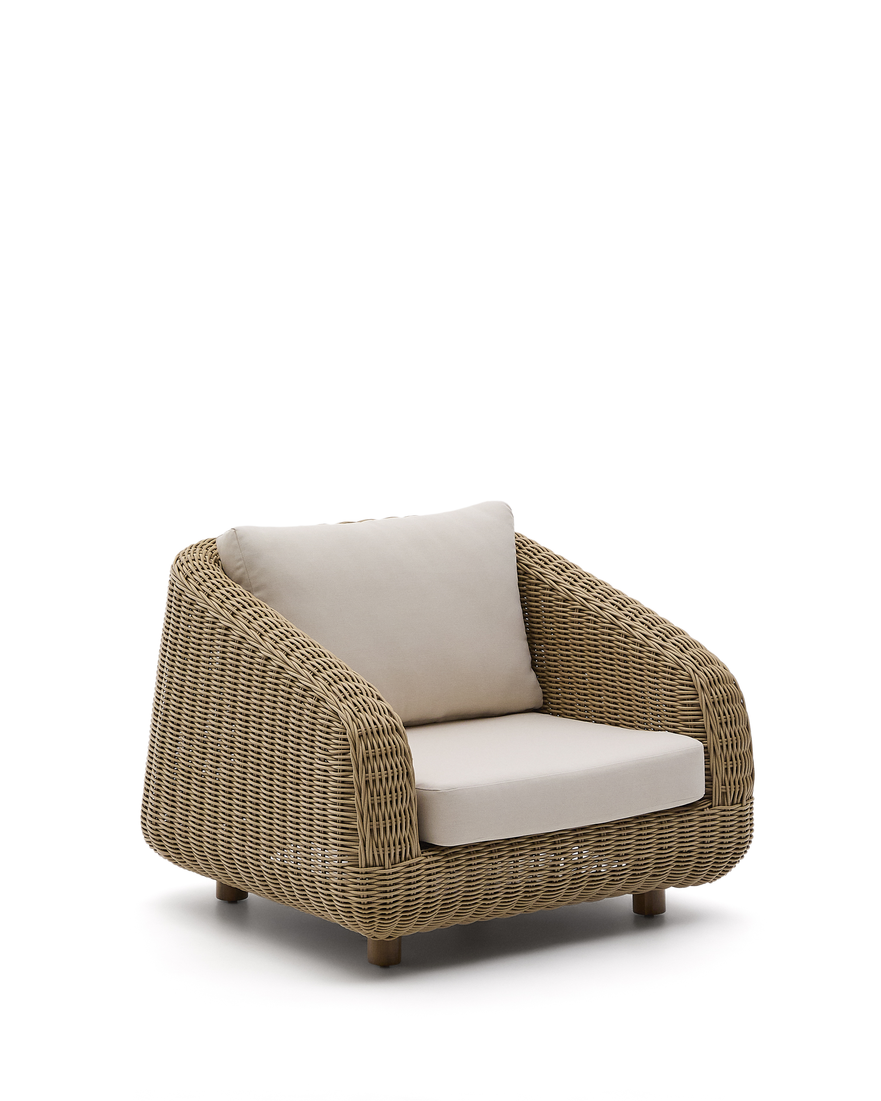 Kave Home Meria Udendørs Lænestol     Armlæn Beige Hynder Ecru Lysebrun Syntetisk Rattan Akacie