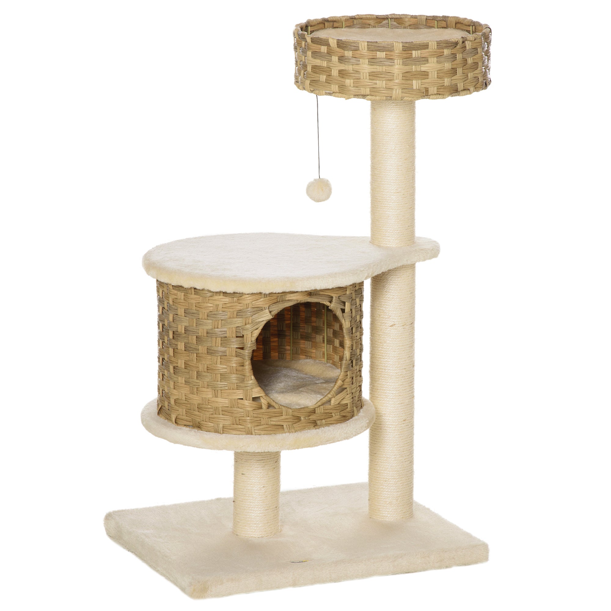 Kradsetræ Rattan 95 Cm Højde  -lags Kradsetræ Med Platform  Katteseng  Klatretræ Med Kattehule Sisalstolper Legebolde Kattemøbler Sisal Naturlig Beige