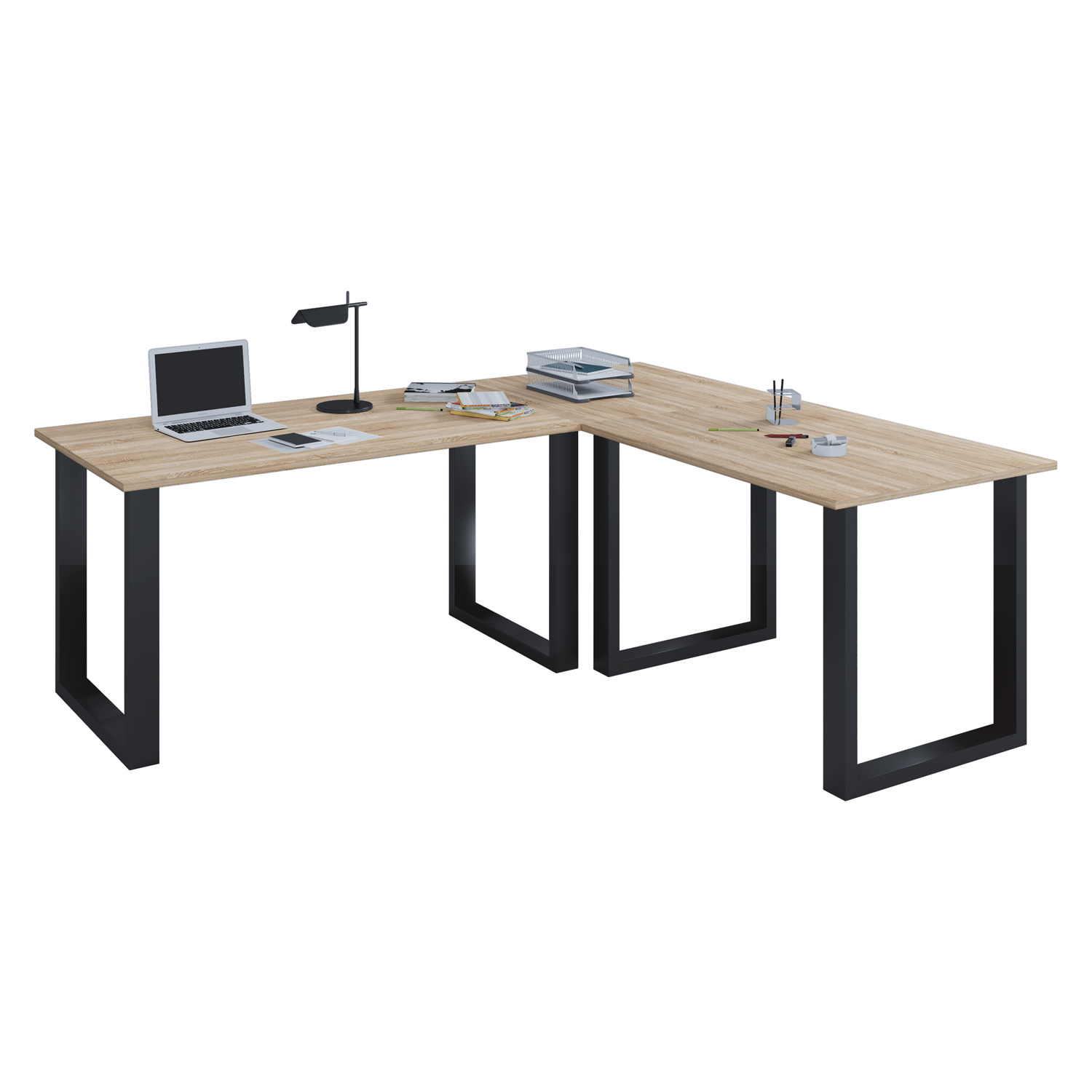 Lona -feet Hjørneskrivebord Natur Træ Og Sort Metal 160x130x50