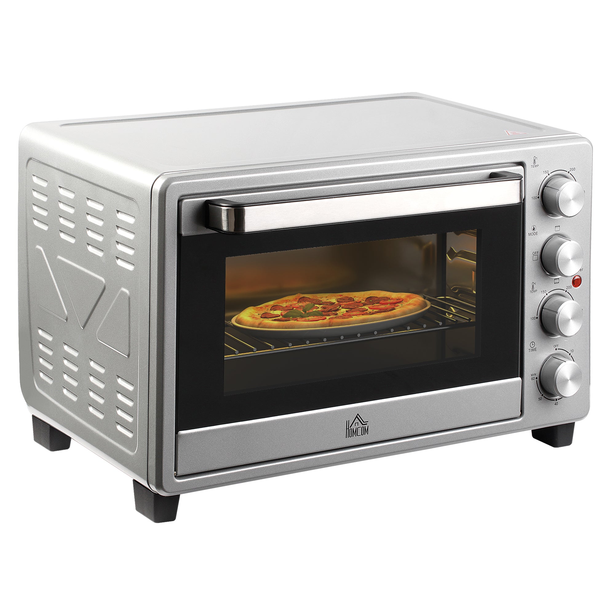Miniovn 32l 100â  -230â   1600   Miniovn Med Bageplade Krummebakke Grillrist Og   Tilberedningstilstande Pizzaovn Med Timer Bagepladehåndtag Rustfrit Stål Sølv