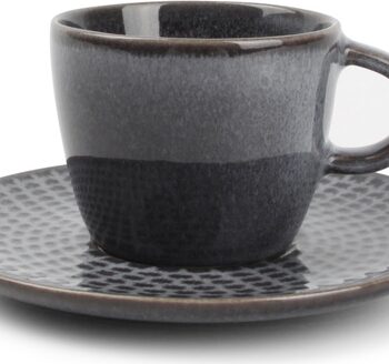 Mokkakop Med Underkop Salt   Pepper Stitch  Grå Stentøj  Espressokop   Cl
