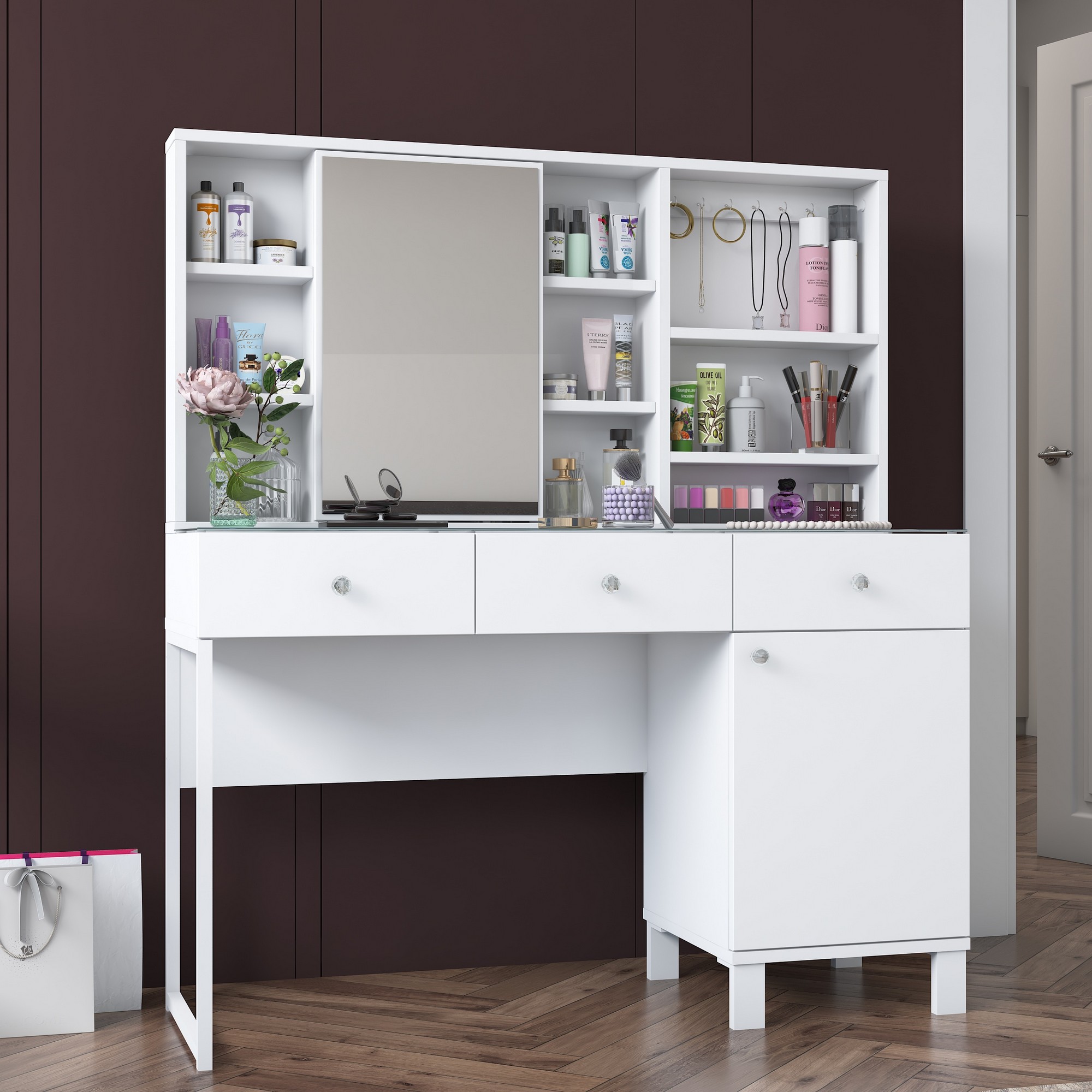 Nordvärk Bj138 3442 Makeup Bord     Spejl    Hylder    Låger Og   Skuffer Hvid Melamin  120x40