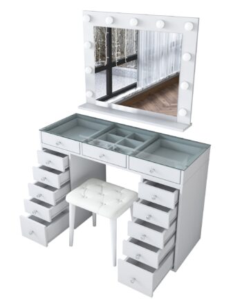 Nordvärk Bj156 3872 Makeup Bord     Spejl  Lys  13 Skuffer Og Skammel Hvid Melamin  120x44