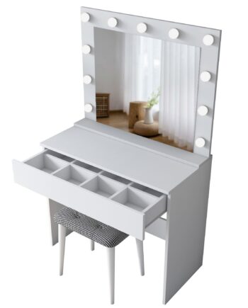 Nordvärk Bj121 2934 Makeup Bord     Spejl  11 Lyspærer    Skuffe Og Skammel Hvid Melamin  90x45
