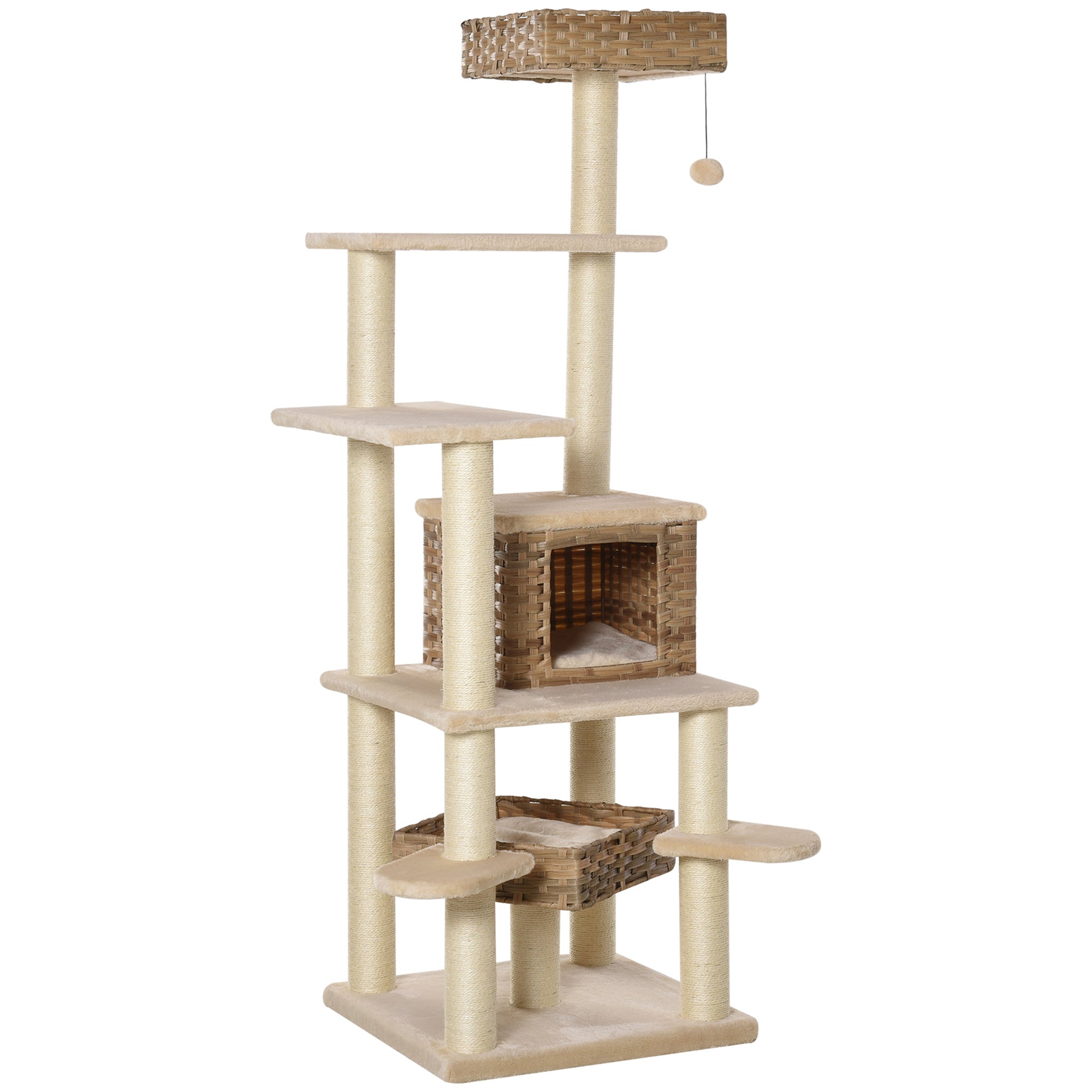 Rattan Kradsetræ Med Kattehule Kradsetræ   Flere Niveauer  Klatretræ Til Katte  E1 Mdf Sisal  Beige Brun  55   55   174 Cm