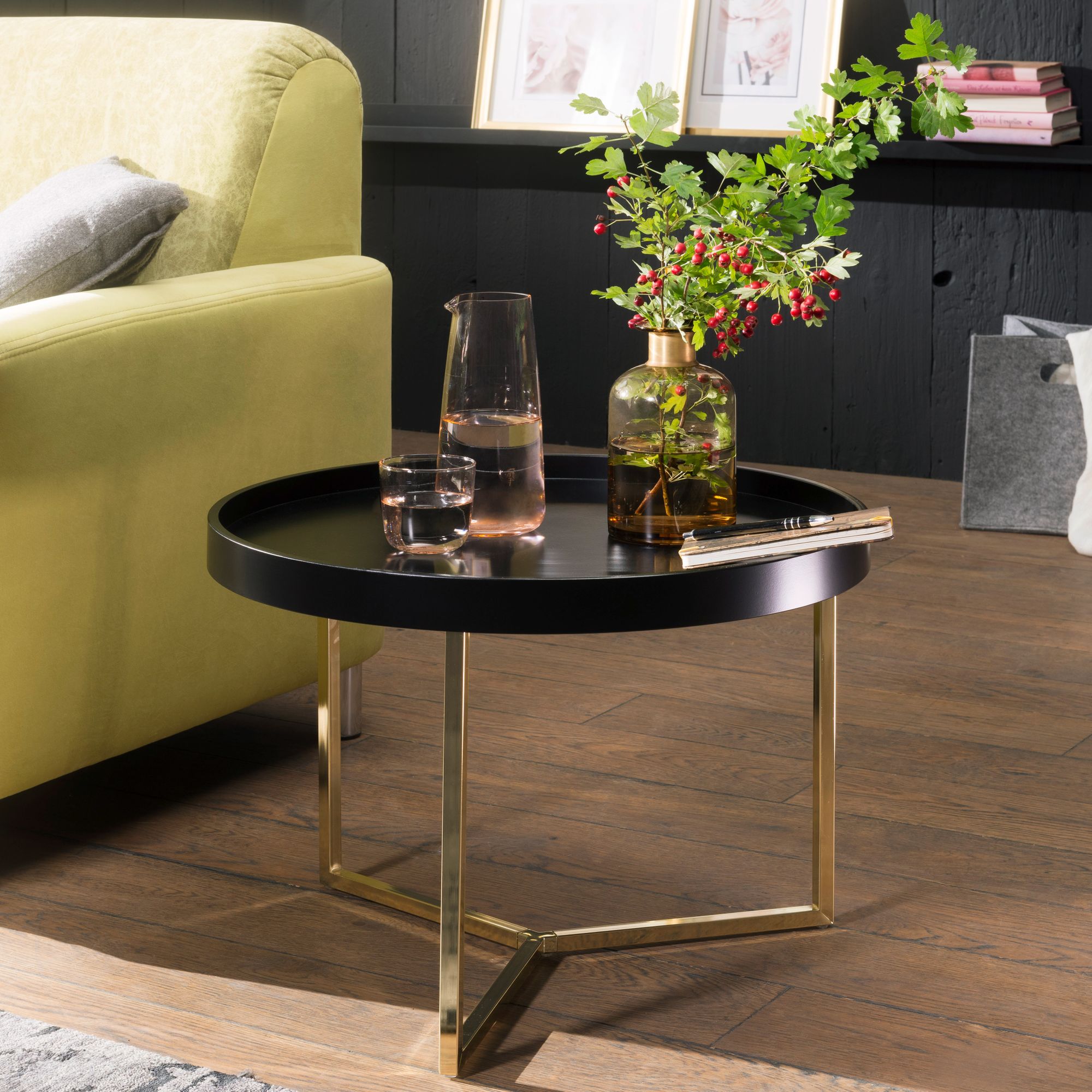 Rundt Bakkebord   Sofabord  Guldfarvede Ben  Sort Bordplade  Glamour-stil