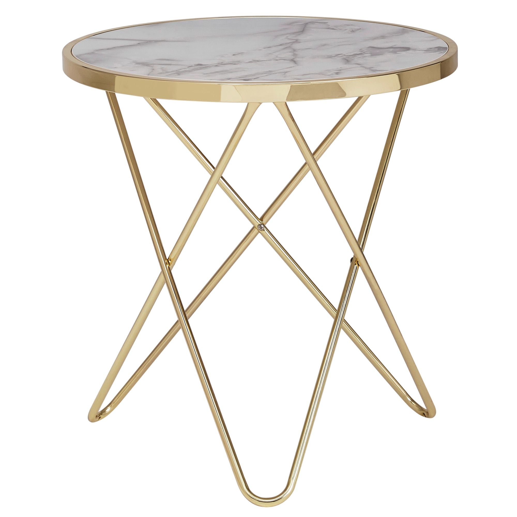 Rundt Sofabord   Hvidt Marmorlook Med Guld 55 Cm