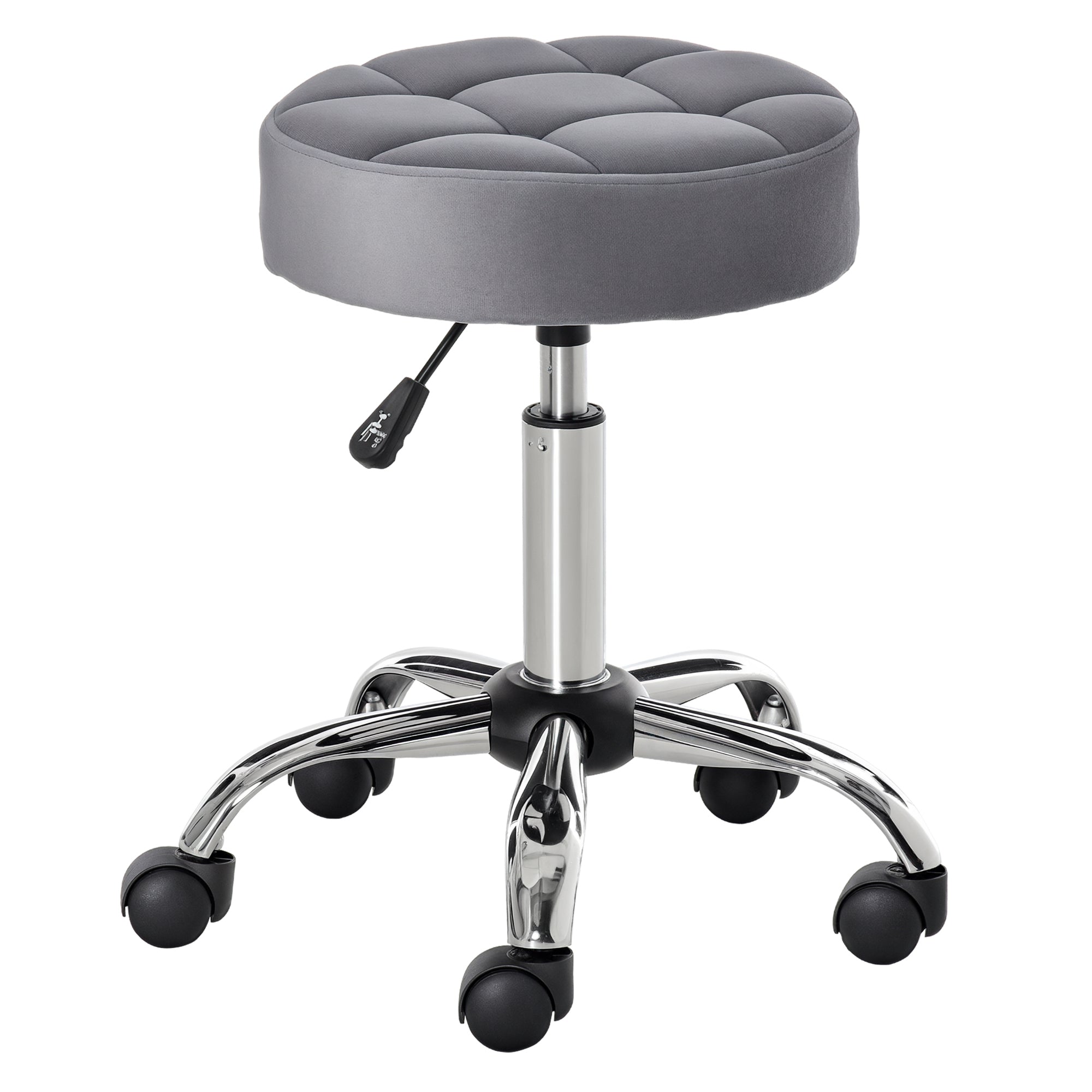 Salonstol Med Hjul  Rulleskammel  Højdejusterbar  Roterende Salonskammel  Fløjlsskum  Krombase  Lysegrå  35   35   49-61 Cm