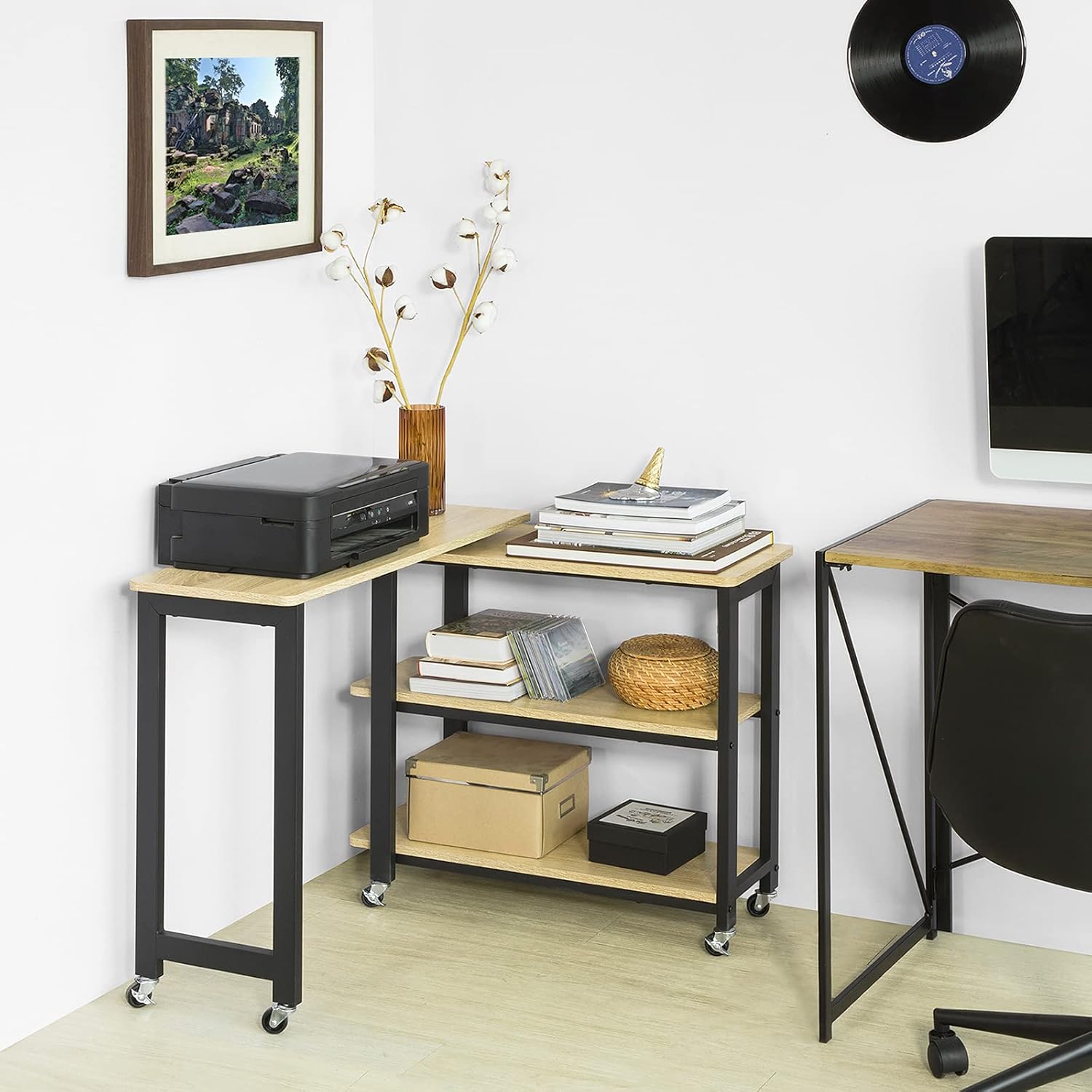 Skrivebord Med Roterende Sidebord  B133   D30   H69 Cm  Industriel Stil  Naturfarvet