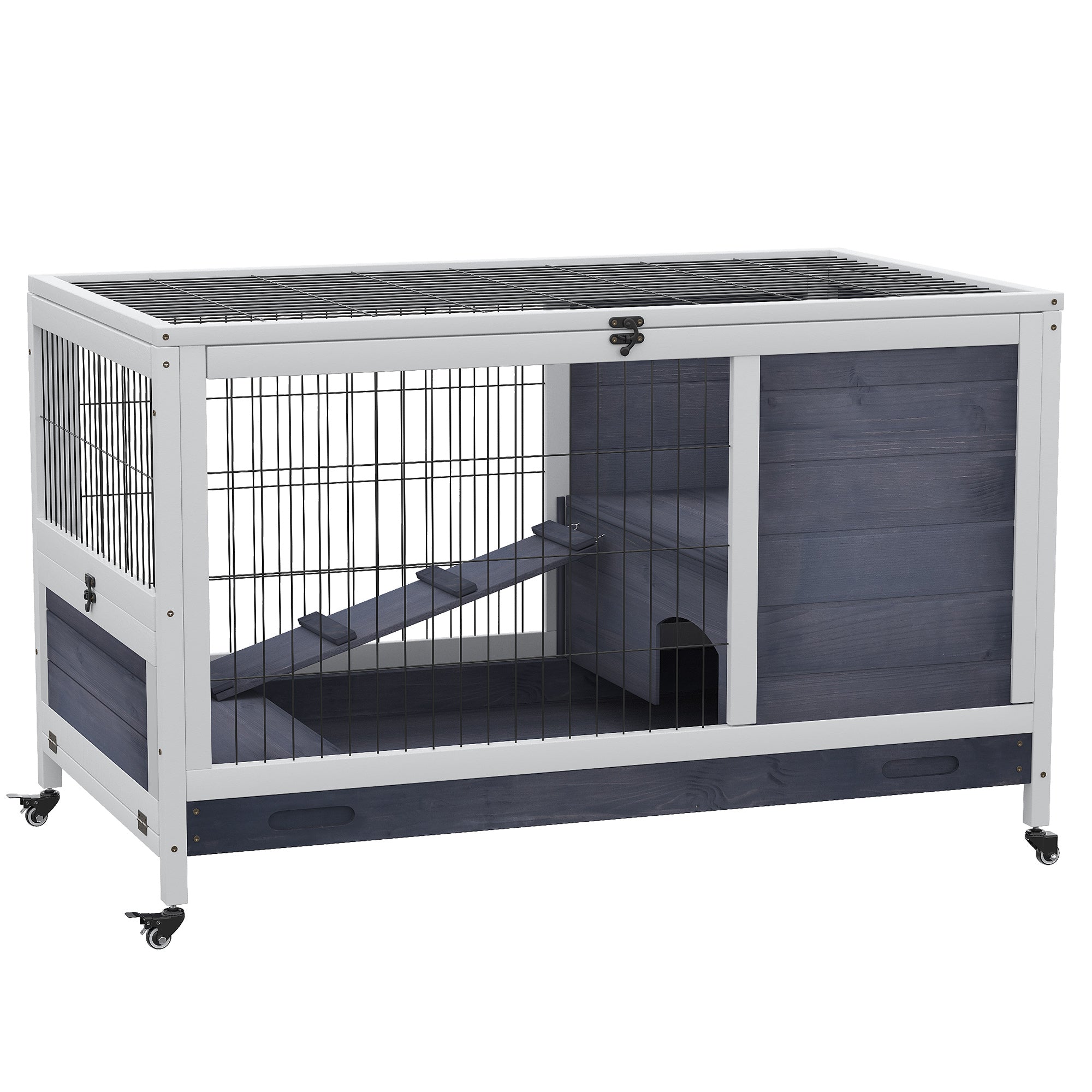 Smådyrsbur Med Hjul  Smådyrsbur  Marsvinebur  Marsvinehus  Smådyrshus  Fyrretræ  Mørkegrå   Hvid  90   53   59 Cm
