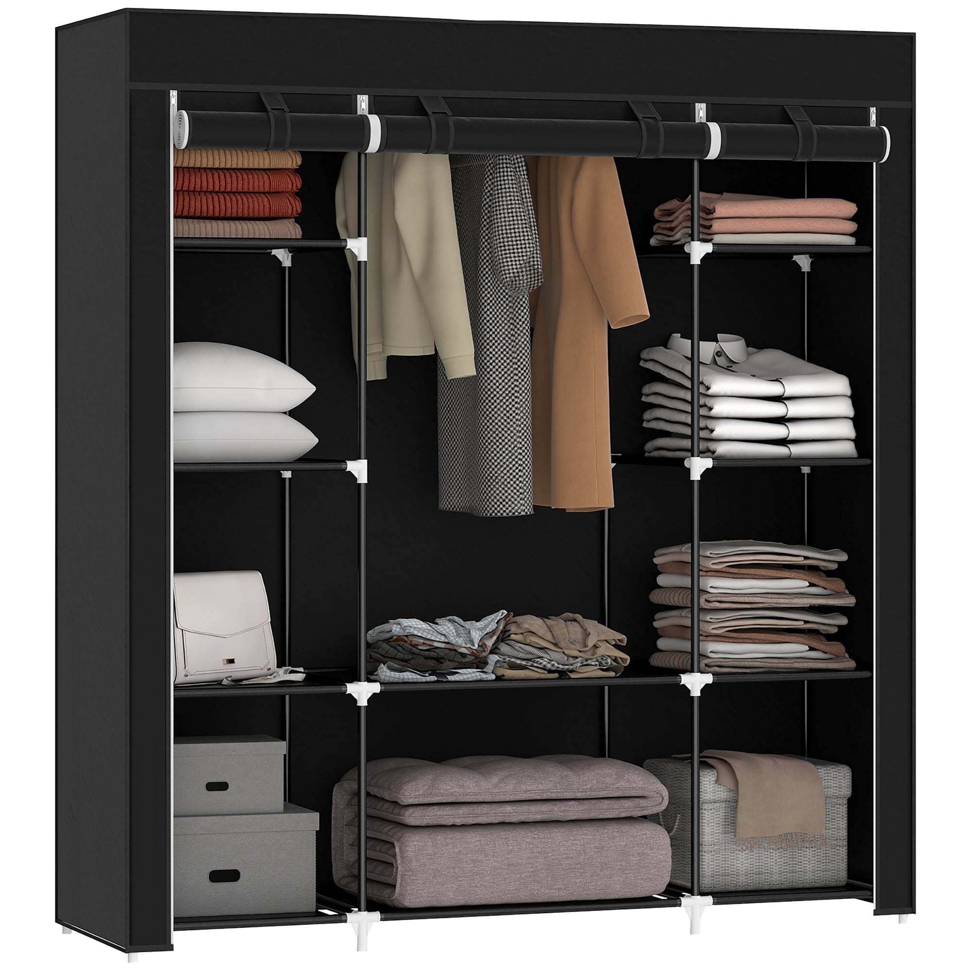 Stofgarderobe  Foldbar Garderobe    Bøjlestang    Hylder  150 Cm   43 Cm   162   Cm  Sort