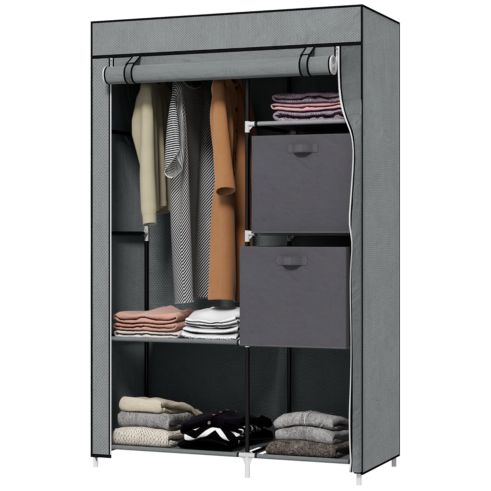 Stofgarderobe Foldbart Skab    Bøjlestang    Hylder  102   42     162   Cm  Grå