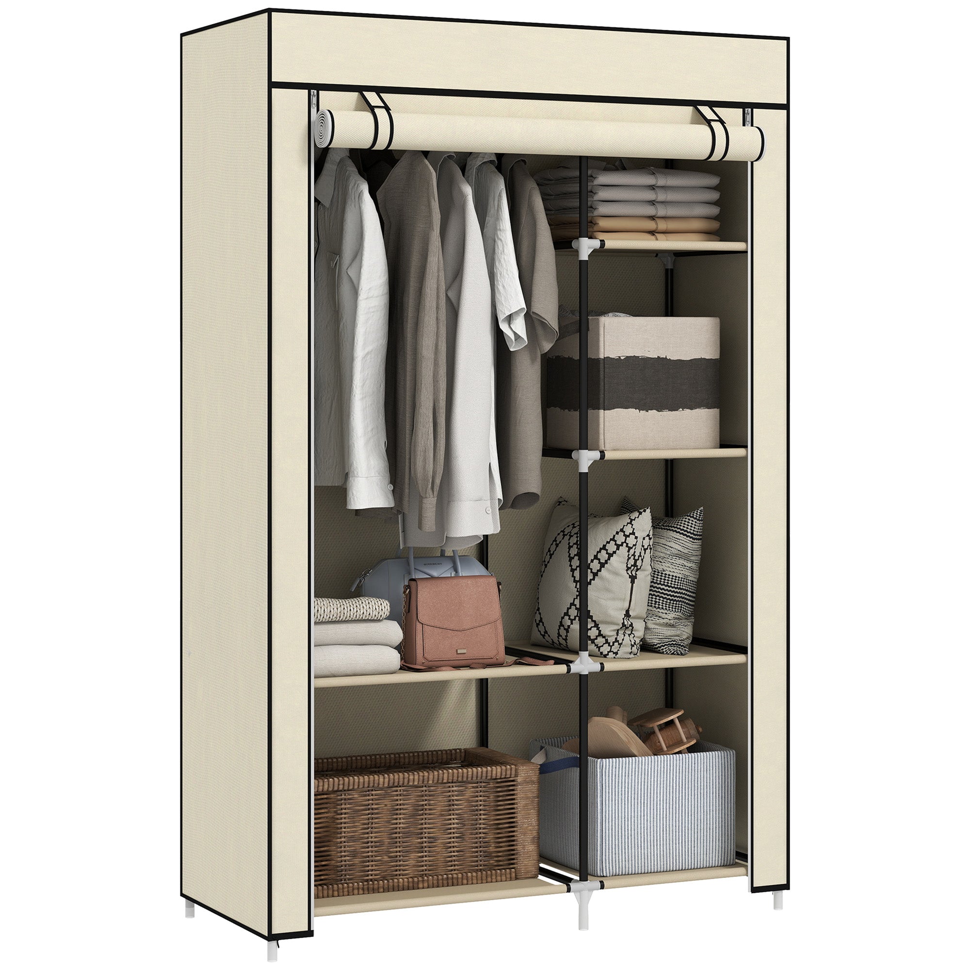 Stofgarderobe  Opbevaringsløsning    Hylder    Bøjlestang  Beige