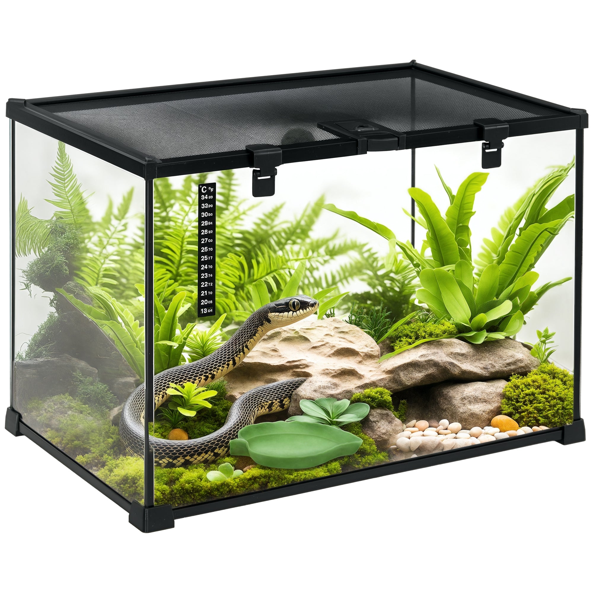 Terrarium Til Krybdyr  Foderkasse Til Krybdyr  Glasterrarium  Padder  Spindlere Med Termometer  Krybdyravlskasse  Metal  Sort 50   30   35 Cm