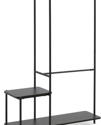 Tøjstativ Kave Home Galatia Industrielt Sort Stål Med Melaminhylder Og Bænk H150ã B100ã D34 Cm