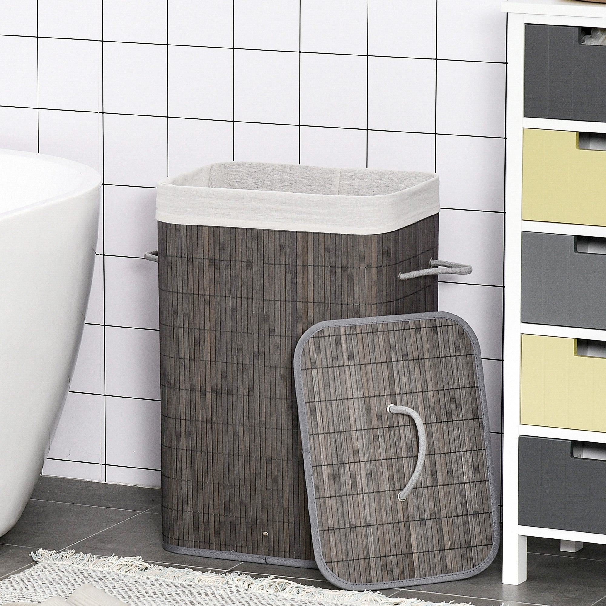 Vasketøjskurv Med Håndtag Og Vaskbar Vasketøjspose  Rattan  Polyester  Bomuld  Metal  43l   32b   61h Cm  Grå