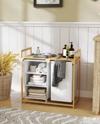 Vasketøjskurv Med Vasketøjspose  Stofskuffe  Bambus  70x36x70 Cm  Hvid Træ