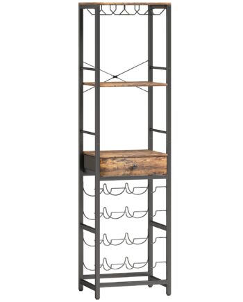 Vinbarskab Med Skuffe  Industrielt Barskab  Vinreol Til 12 Flasker  Glasholder  Rustik Brun