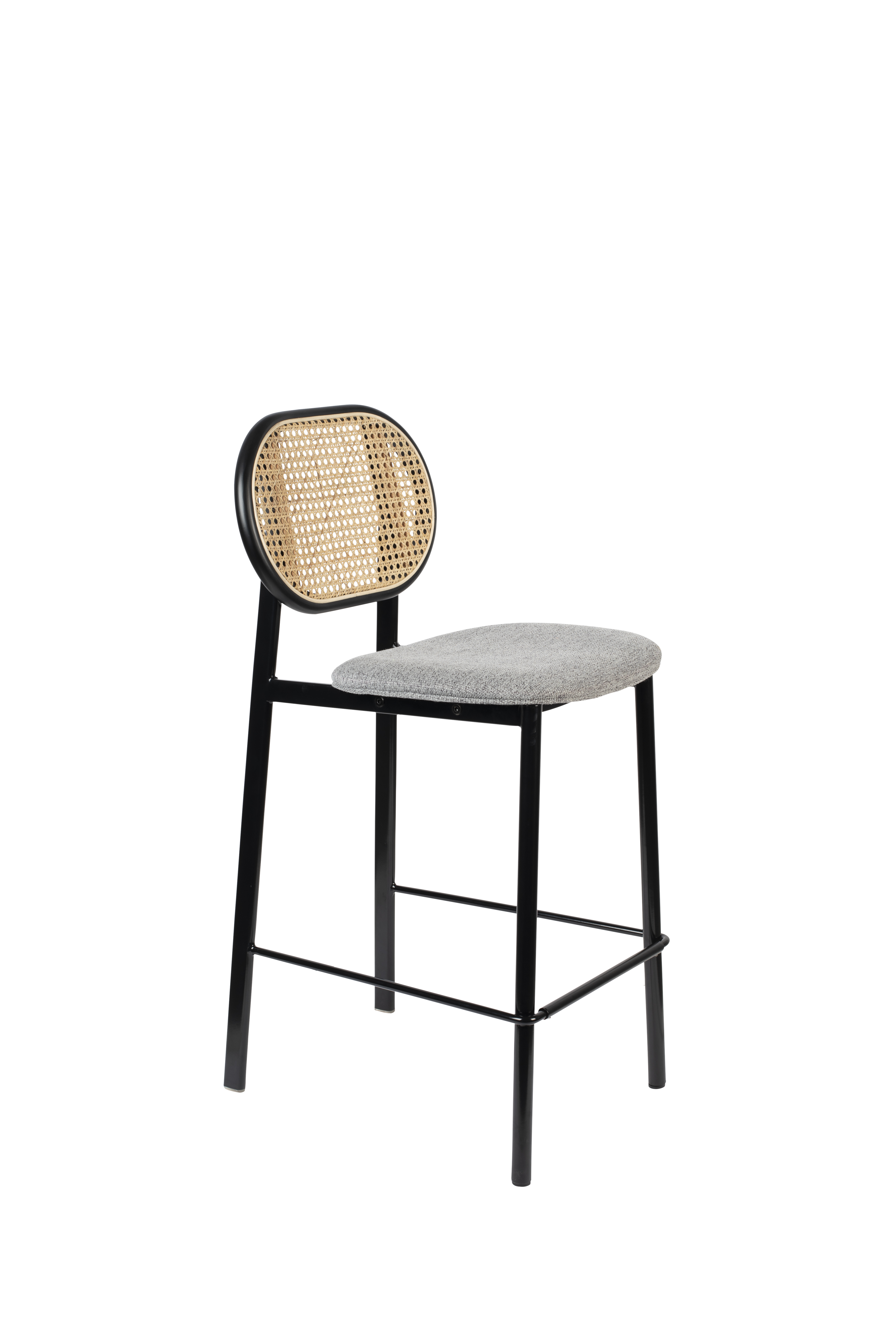Zuiver Spike Barstol     Ryglæn Og Fodstøtte Natur Rattan  Grå Polyester Og Sort Stål  64 5cm