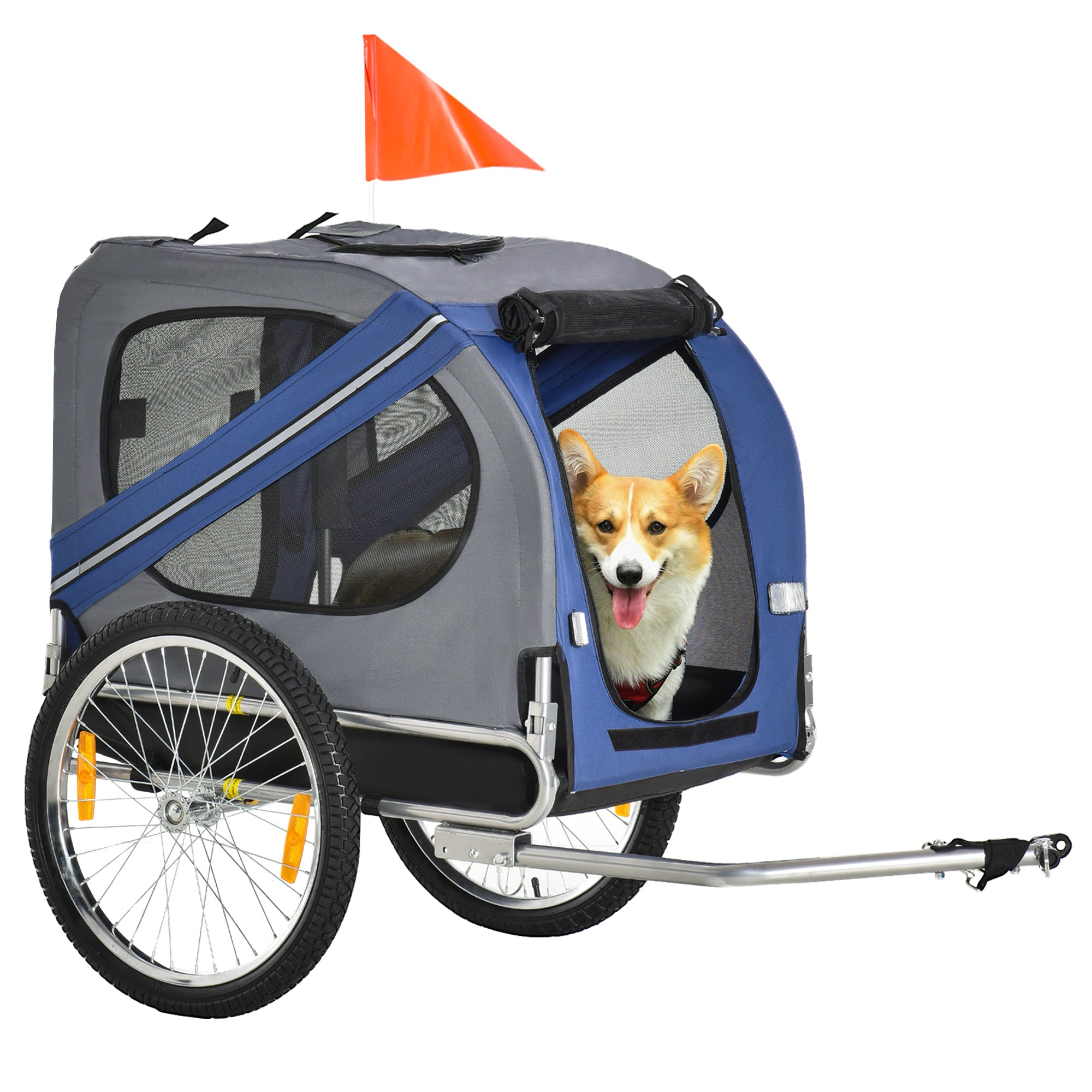 - -  Kæledyrstrailer Cykeltrailer Op Til 20 Kg Foldbart Regnslag Sikkerhedsflagreflekser Stålgrå Blå 130   73   90 Cm